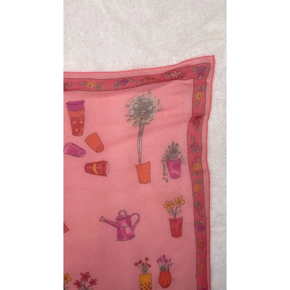 Elaine Gold Collection XIIX Square Pink Silk Scarf Garden Theme Print Korea